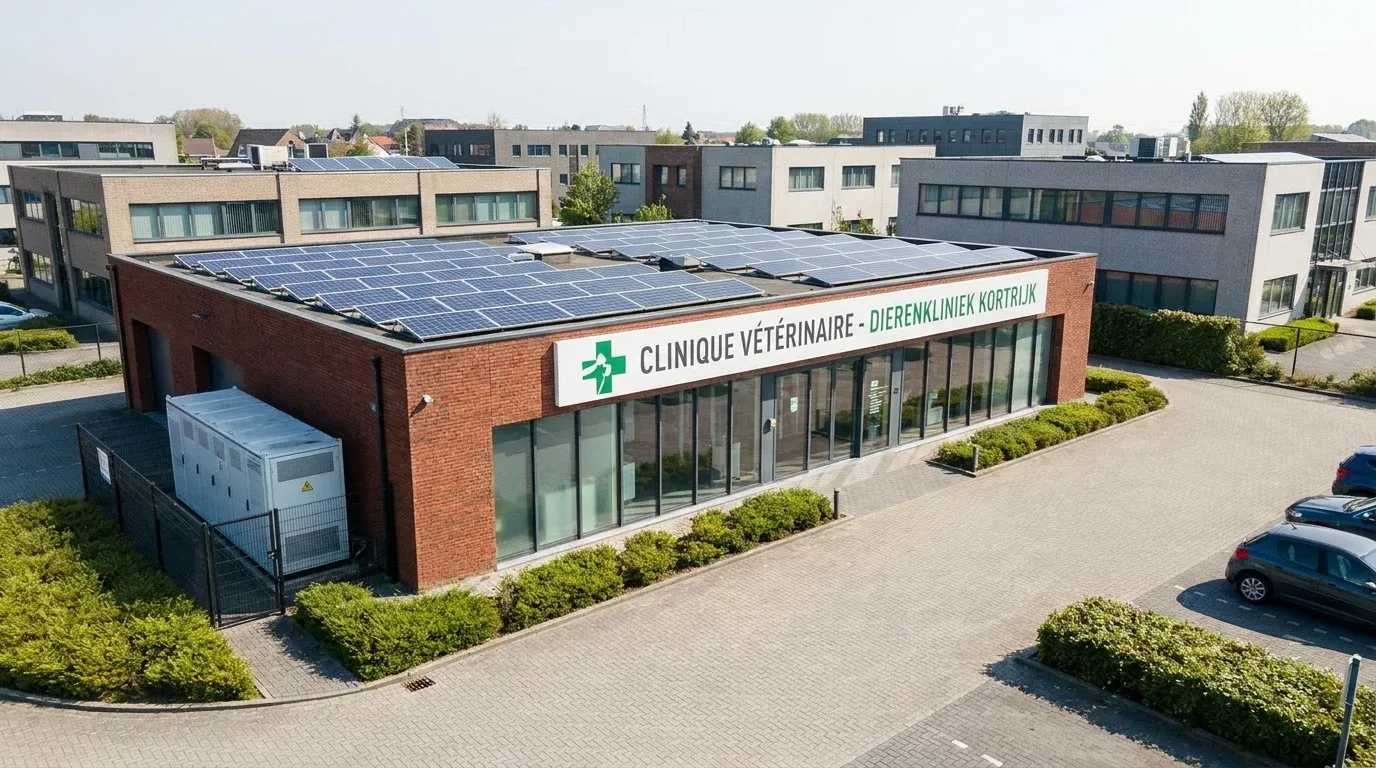 Installation panneaux solaires 12 kWc + backup à Courtrai - Clinique Vétérinaire - Courtrai